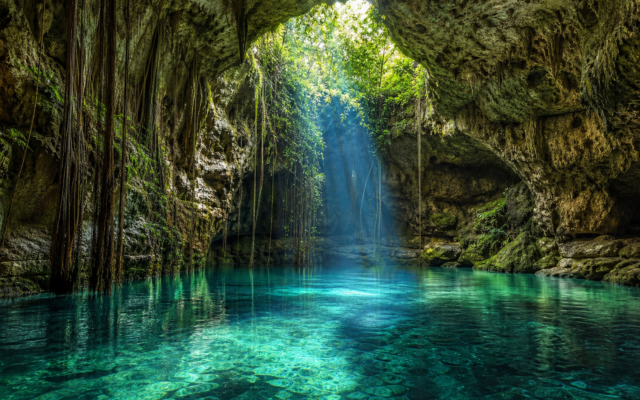 Cenote de agua turquesa entre rocas calizas y raíces en Yucatán
