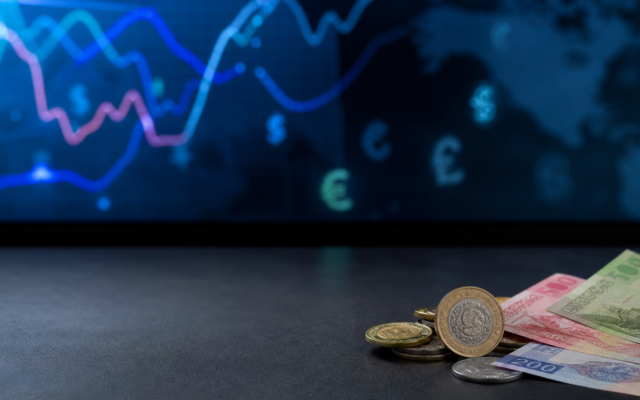 Monedas y billetes mexicanos junto a una pantalla con referencias cambiarias