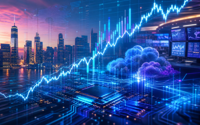 Ilustración editorial del cierre alcista del Nasdaq con tecnología, nube y semiconductores
