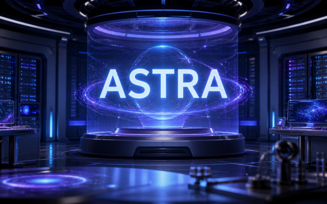 Sala de servidores futurista con un letrero luminoso que dice Astra; imagen ilustrativa