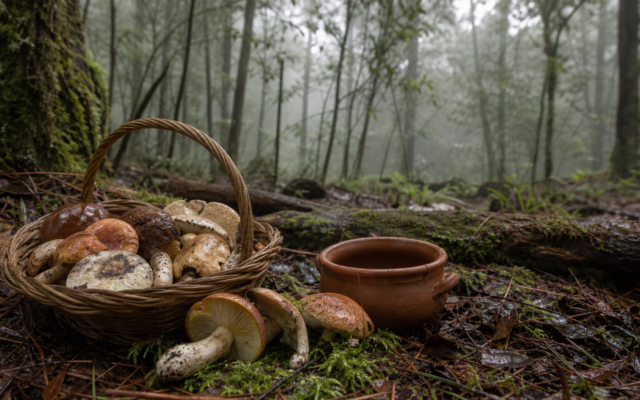 Hongos silvestres en una canasta sobre el suelo de un bosque húmedo de pinos y encinos.