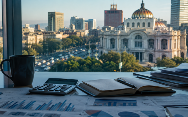 Escritorio de redacción con documentos y gráficas frente a una ciudad mexicana, imagen editorial sobre economía y política.