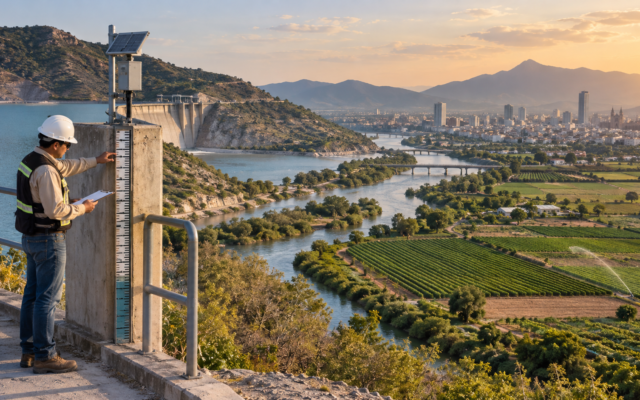 Vista aérea de una cuenca mexicana con una ciudad, cultivos y una planta de tratamiento de agua.