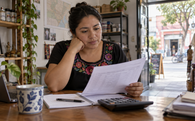 Pequeña empresaria revisa un calendario de pagos y calcula el costo de un crédito en su local.
