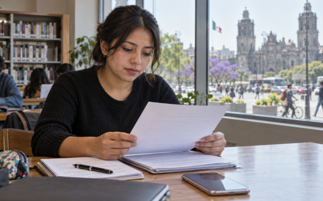 Joven revisa una solicitud de empleo y sus notas en una biblioteca pública de la Ciudad de México.