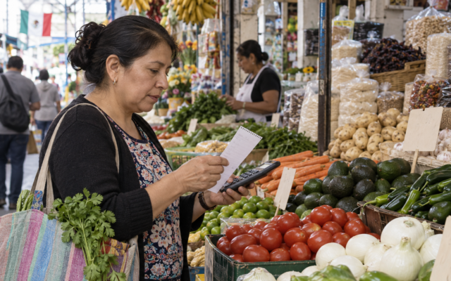 Consumidora compara precios y revisa una lista de compras en un mercado de la Ciudad de México.