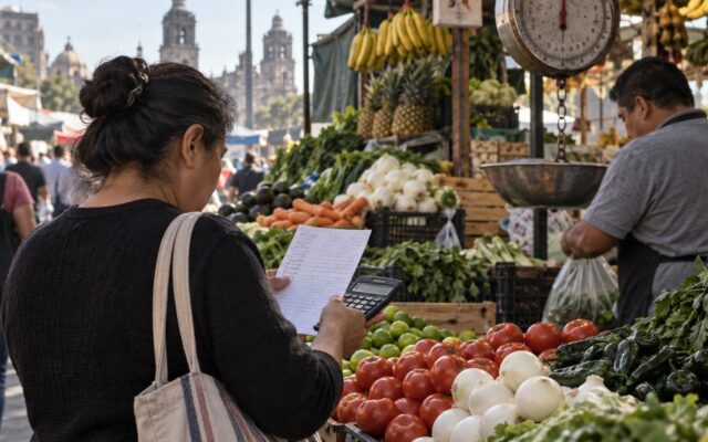 Una consumidora compara una lista y usa una calculadora frente a un puesto de frutas en un mercado mexicano.