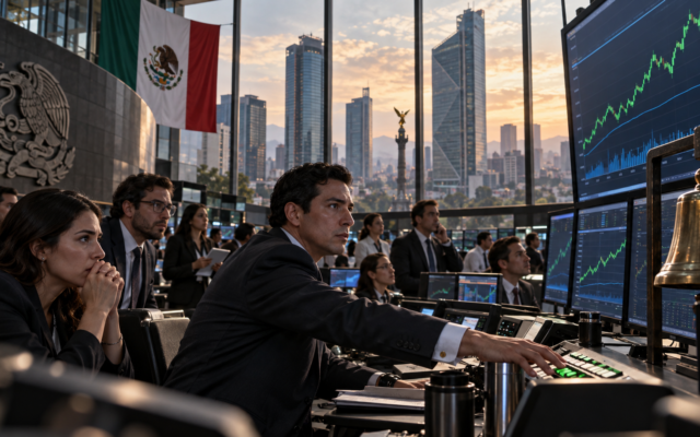 Vista editorial de un centro financiero mexicano con pantallas bursátiles y operadores observando el cierre positivo del mercado, sin texto ni logotipos.