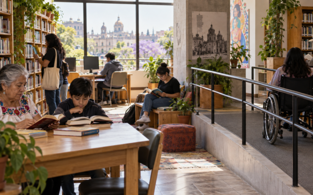 Vecinos leen y usan computadoras en una biblioteca pública de barrio en la Ciudad de México.
