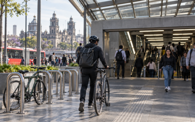 Ciclista llega a una estación de transporte público de la Ciudad de México durante la mañana.
