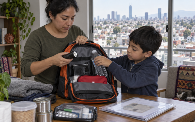 Una adulta y un niño organizan una mochila con linterna, radio y agua en un hogar de CDMX.