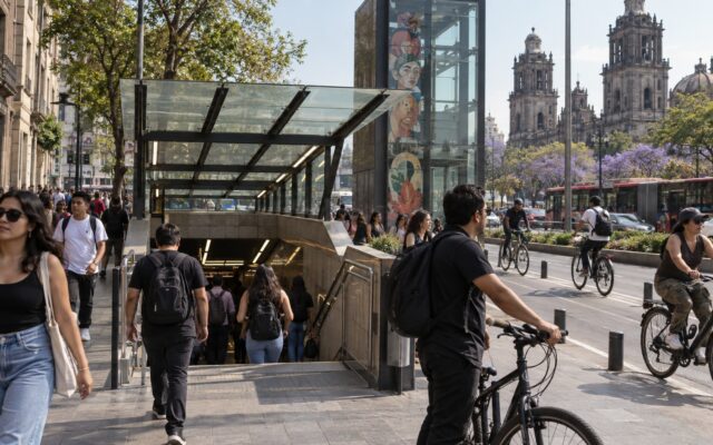 Lluvia intensa sobre una avenida de la Ciudad de México mientras peatones buscan una zona segura y se encienden las luces.