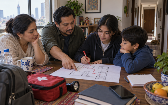 Una familia revisa un croquis y acuerda rutas de salida dentro de su departamento.