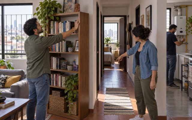 Una persona fija una repisa mientras otra comprueba que el pasillo de su vivienda esté despejado.