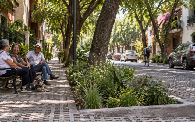 Vecinos caminan bajo árboles jóvenes en una calle de la Ciudad de México con superficies permeables.