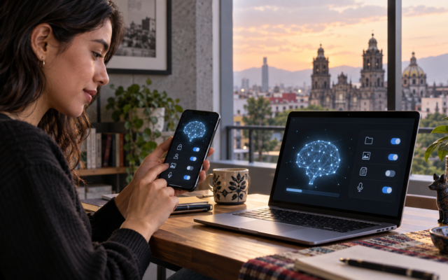 Teléfono y computadora ejecutan un modelo de inteligencia artificial local junto a un indicador de privacidad.