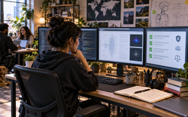 Desarrollador prueba un modelo de inteligencia artificial abierto en una computadora con código y documentación.