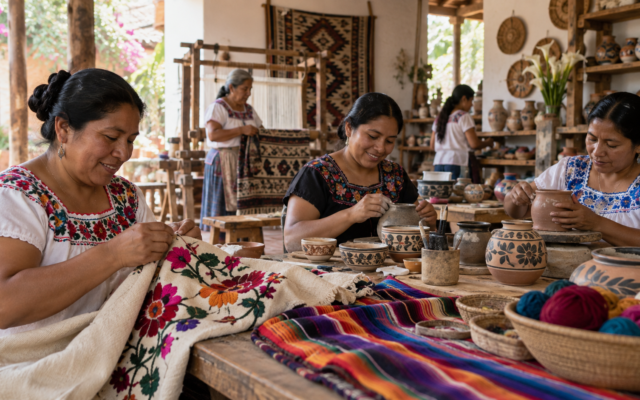 Artesanas organizan piezas textiles y cerámicas en un taller cooperativo mexicano.