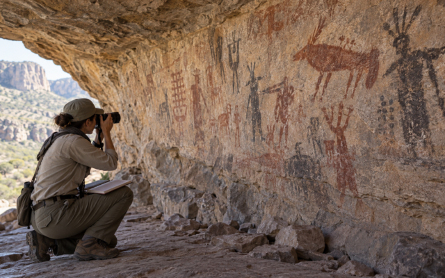 Una especialista documenta pinturas rupestres desde una distancia prudente dentro de una cueva.