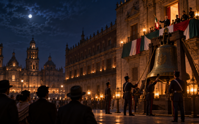 Ilustración nocturna de una ceremonia histórica en el Zócalo con una campana frente a Palacio Nacional.