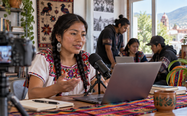 Artista pinta un mural comunitario mexicano mientras otras mujeres revisan bocetos y materiales.