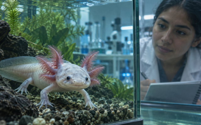 Ajolote en un entorno acuático de laboratorio mientras una investigadora observa su movimiento; imagen ilustrativa.