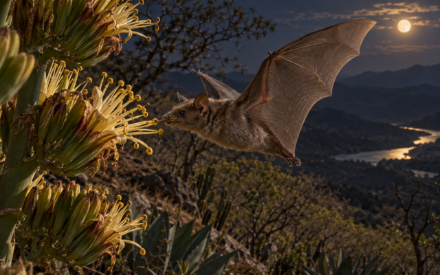 Murciélago nectarívoro visita la flor de un maguey durante la noche; ilustración conceptual.