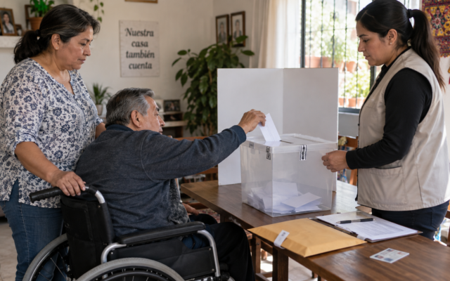 Persona deposita una boleta en un sobre durante una jornada de voto anticipado simulada; ilustración conceptual.