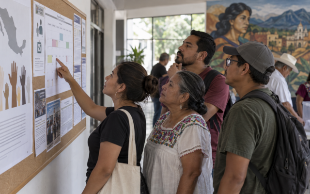 Persona organiza ingredientes y un menú semanal en una cocina mexicana luminosa.