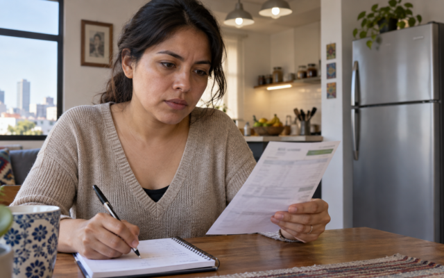 Una persona compara dos recibos de electricidad mientras revisa los aparatos conectados en casa.