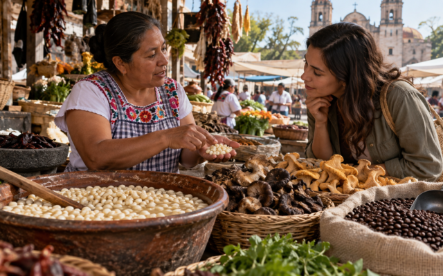 Granos de café mexicano, molino y taza servida junto a una etiqueta de origen.