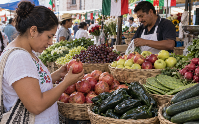 Compradora selecciona granadas, nopales, chiles poblanos y otras frutas y verduras en un mercado.