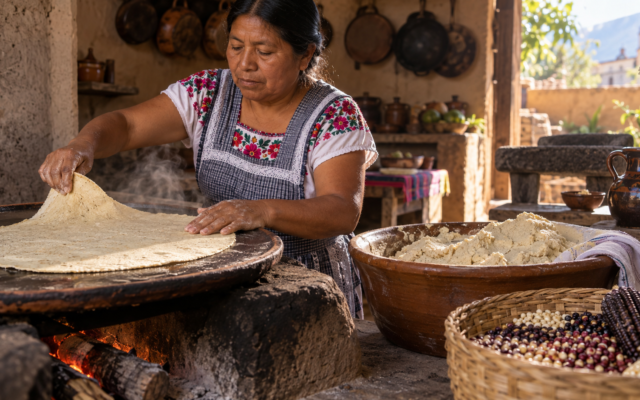 Cocinera prepara una tlayuda de maíz en un comal mientras trabaja la masa de nixtamal.