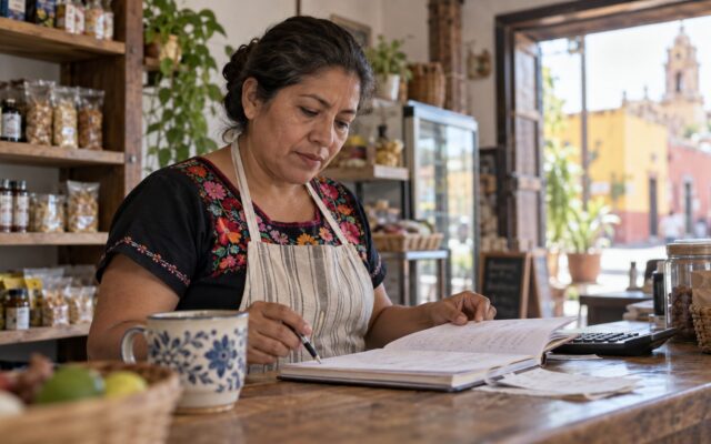 Persona calcula costos fijos y variables de un micro negocio con recibos, inventario y una libreta.