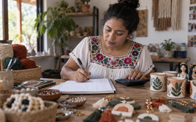 Emprendedora calcula precio y costos por unidad en una libreta junto a productos de su negocio.