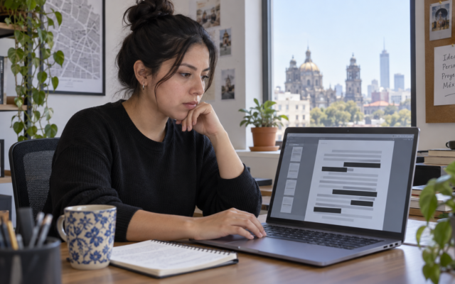 Una profesional revisa documentos con datos personales enmascarados en la pantalla de una laptop.