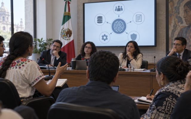 Especialistas y representantes públicos analizan un esquema de inteligencia artificial en una mesa de trabajo.