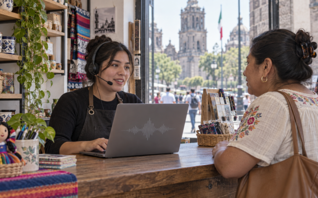 Una trabajadora de atención al cliente conversa con una clienta mientras usa una laptop y audífonos.