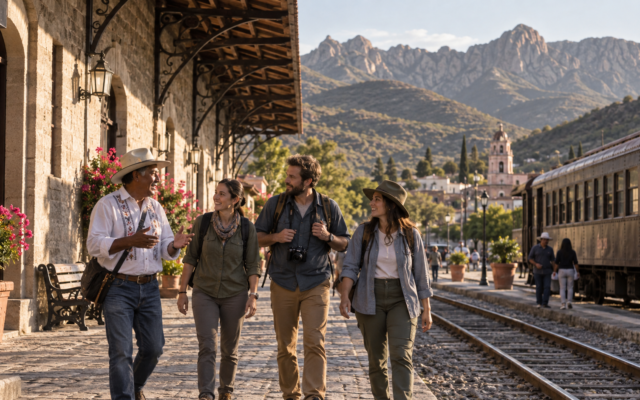 Viajeros recorren un pueblo ferroviario mexicano con estación restaurada y guía local.