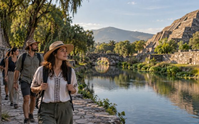 Viajeros recorren un sendero patrimonial con bolsas reutilizables y observan un paisaje mexicano sin dejar residuos.