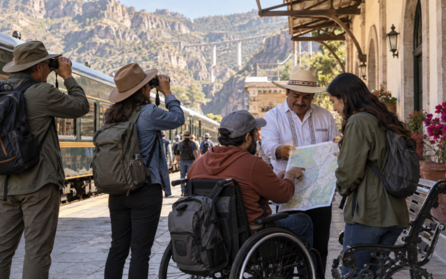 Viajera usa una rampa de acceso en un sitio patrimonial mexicano mientras consulta información del recorrido.