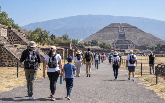 Visitantes recorren un sendero de Teotihuacan con las pirámides al fondo; imagen ilustrativa.