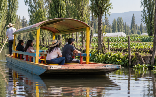 Trajinera avanza por un canal de Xochimilco junto a vegetación y parcelas chinamperas.