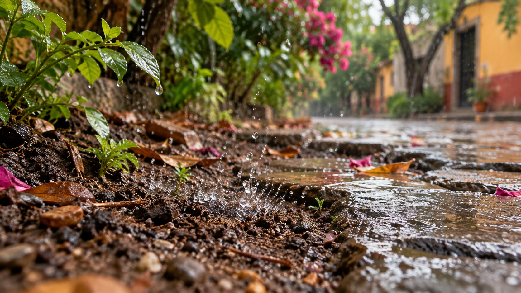 Pavimento mojado en una calle urbana después de la lluvia, imagen relacionada con el olor a tierra húmeda