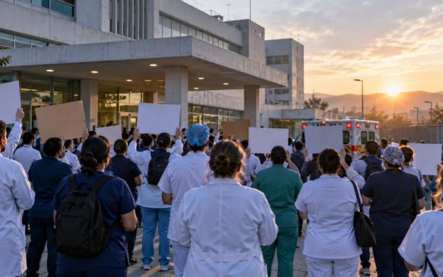 Trabajadores de la salud frente a un hospital del IMSS; ilustración editorial generada con IA.
