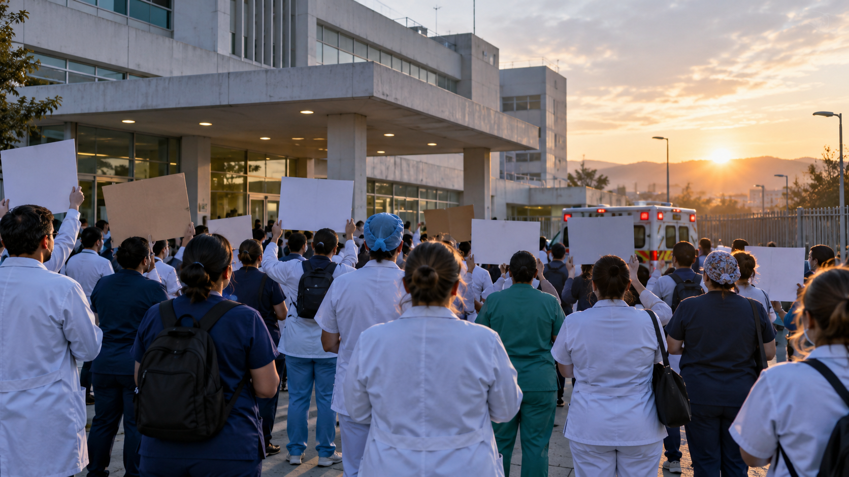 Trabajadores de la salud frente a un hospital del IMSS; ilustración editorial generada con IA.